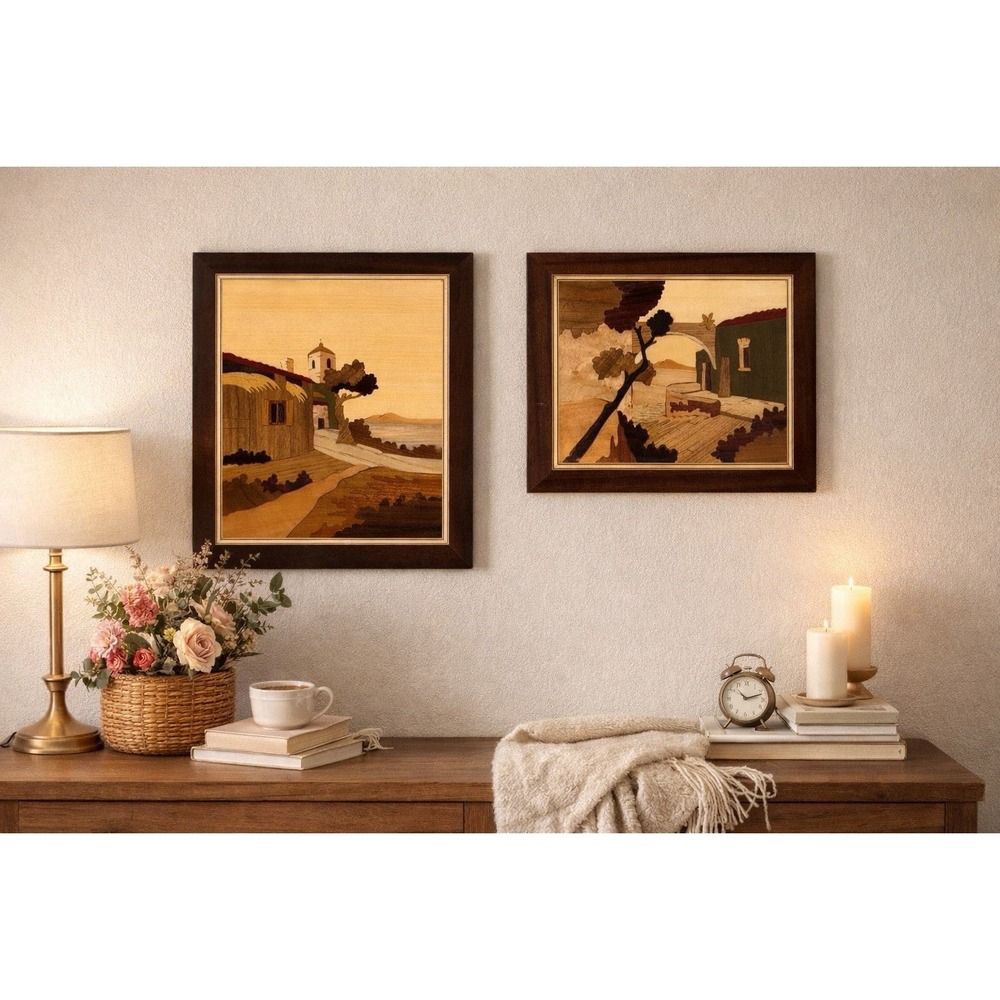 Pair‎ of Vintage Sorrento Italy Landscapes Marquetry Wood Wall Art Deco Plaques